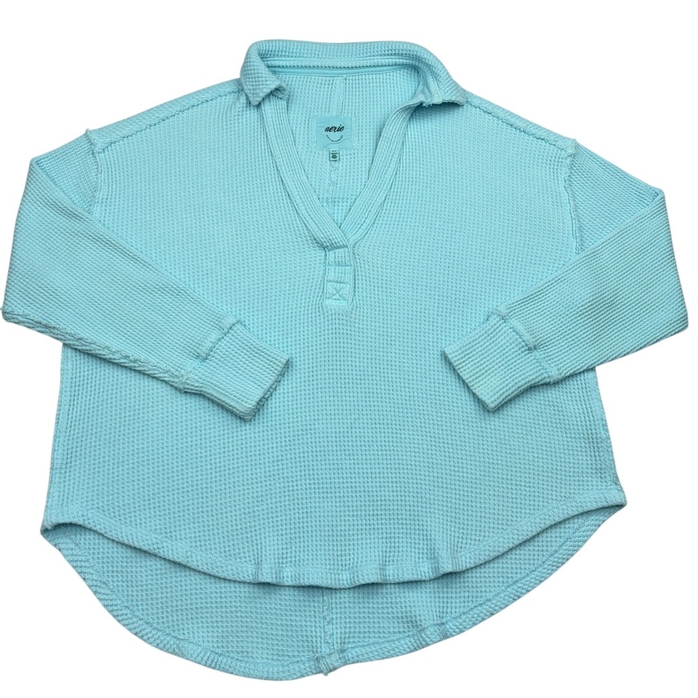 Aerie Waffle Knit Sweater Top Aqua Blue Oversized Polo V Neck Womens Size Small